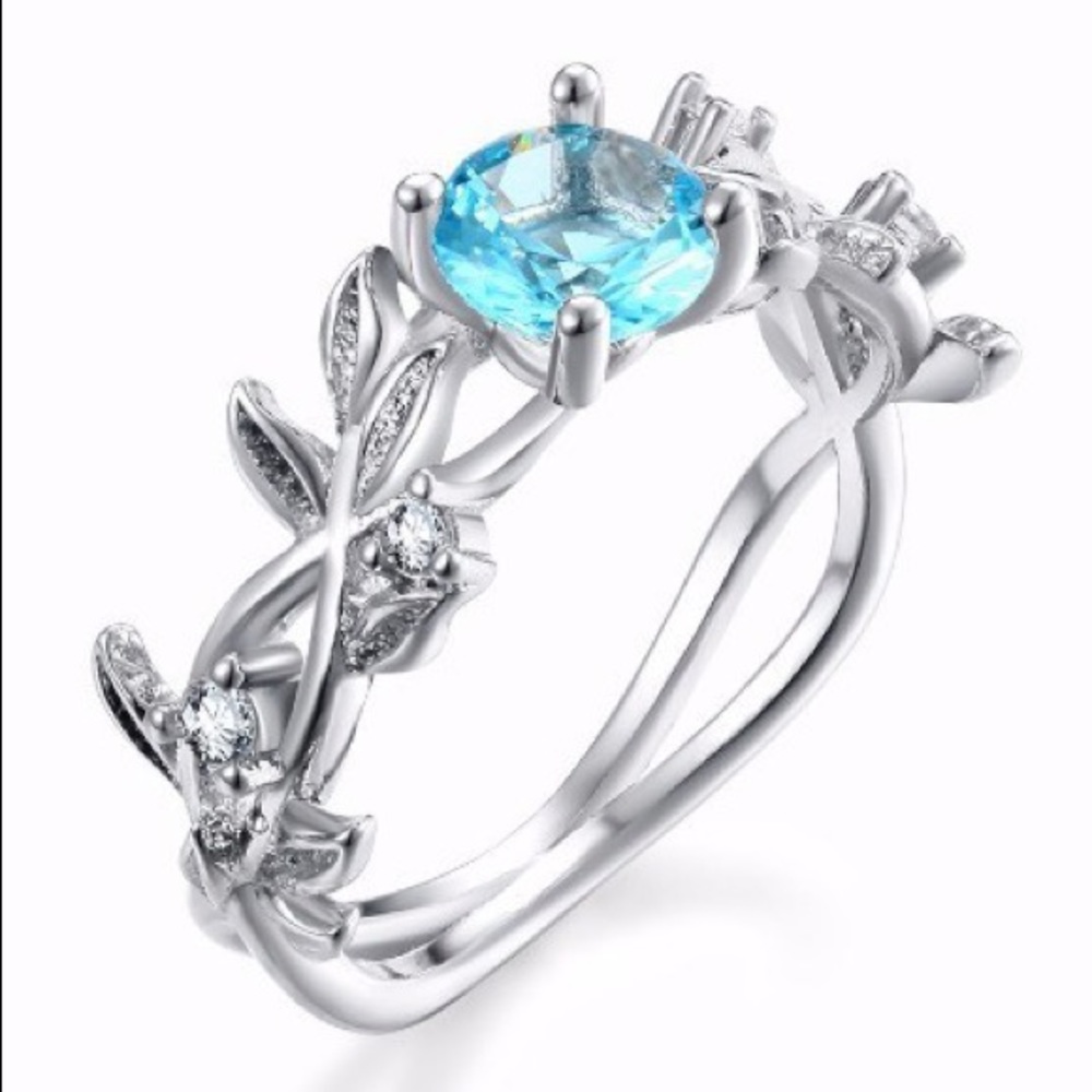 Blue Topaz Crystal Leaf Silver Zircon Branch Ring